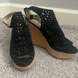Marc Fisher Black and Tan Open toe Wedge Sandals